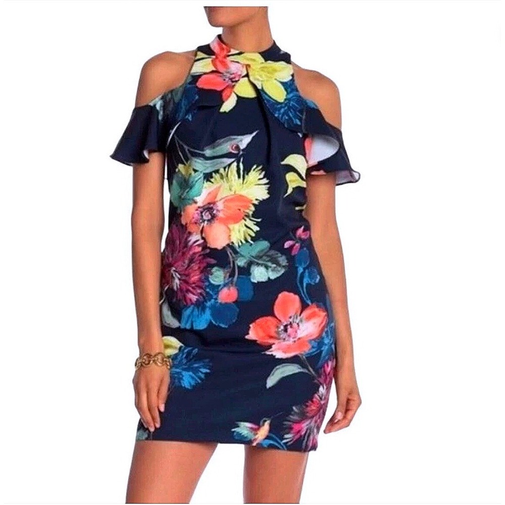 Trina Turk Cold Shoulder Floral Navy Sheath Dress Women's Size 4